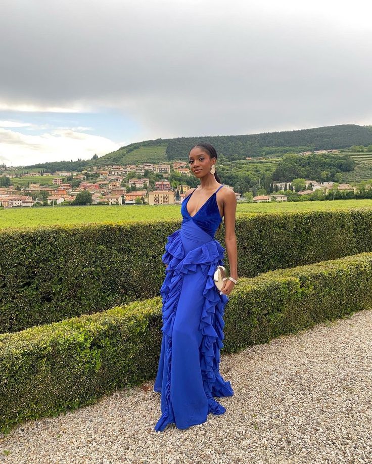 Dress For Formal Blue V-neck Low-cut Hem Ruffled Slim Long Chiffon Ball Gown Evening Dress Party Dress Stores With Prom Dresses
