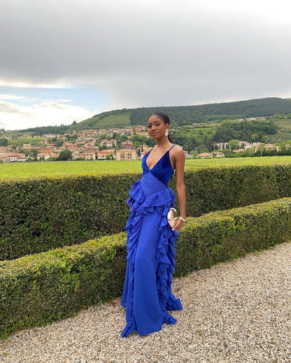 Dress For Formal Blue V-neck Low-cut Hem Ruffled Slim Long Chiffon Ball Gown Evening Dress Party Dress Stores With Prom Dresses