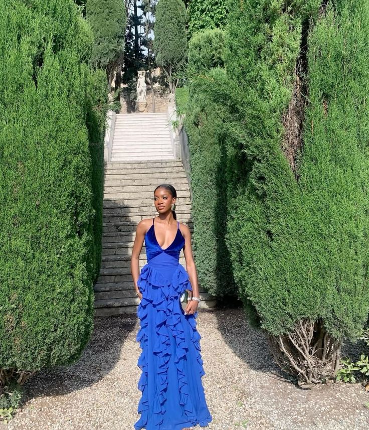 Dress For Formal Blue V-neck Low-cut Hem Ruffled Slim Long Chiffon Ball Gown Evening Dress Party Dress Stores With Prom Dresses