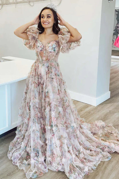 Dress For Formal Elegant Princess A-Line Floral Corset Long Prom Dress with Balloon Sleeves / Stores With Prom Dresses