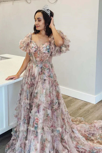 Dress For Formal Elegant Princess A-Line Floral Corset Long Prom Dress with Balloon Sleeves / Stores With Prom Dresses