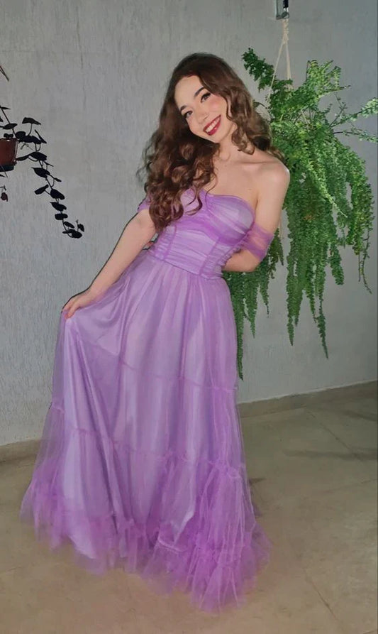 Dress For Formal Elegant Purple Tulle A-Line Off Shoulder Long Prom Dress / Stores With Prom Dresses