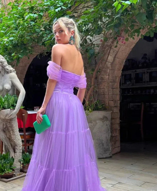 Dress For Formal Elegant Purple Tulle A-Line Off Shoulder Long Prom Dress / Stores With Prom Dresses
