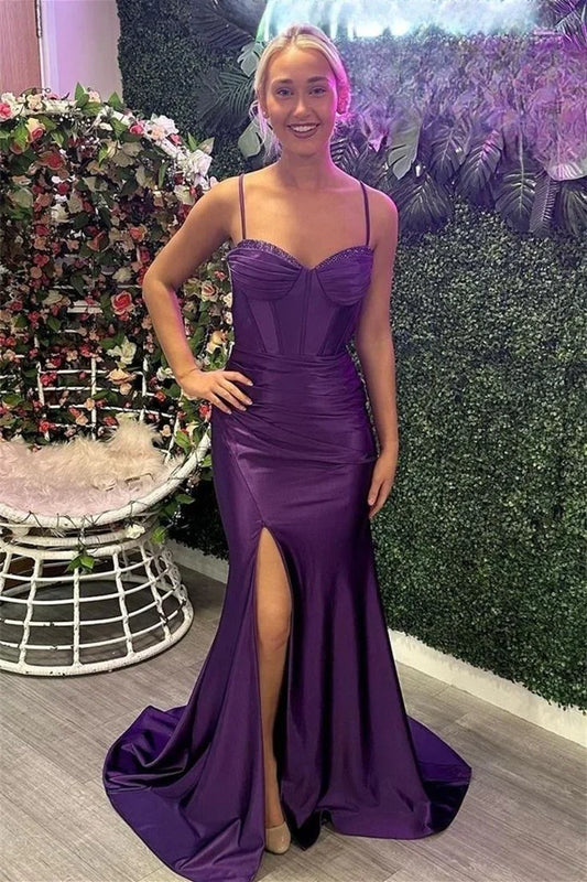 Dress For Formal Grape Mermaid Straps Beaded Satin Long Prom Dress With Slit / Stores With Prom Dresses