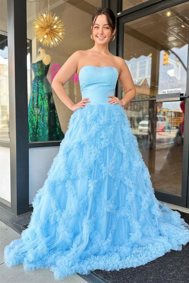 Dress For Formal Light Blue Tulle Ruffled Streapless Long Prom Dress / Stores With Prom Dresses