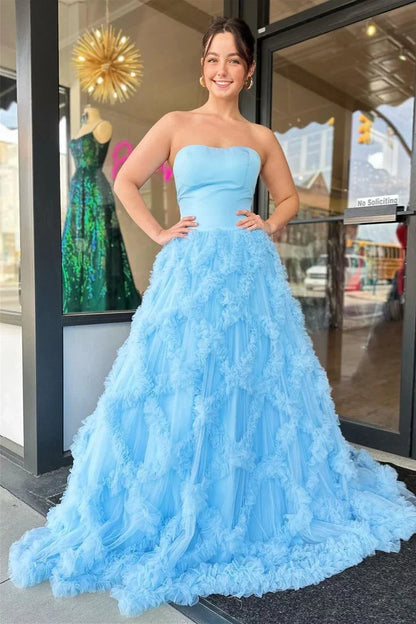 Dress For Formal Light Blue Tulle Ruffled Streapless Long Prom Dress / Stores With Prom Dresses