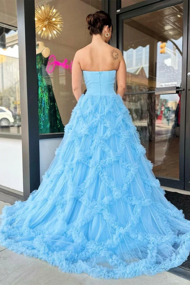 Dress For Formal Light Blue Tulle Ruffled Streapless Long Prom Dress / Stores With Prom Dresses
