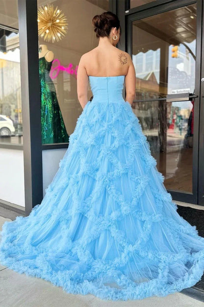 Dress For Formal Light Blue Tulle Ruffled Streapless Long Prom Dress / Stores With Prom Dresses