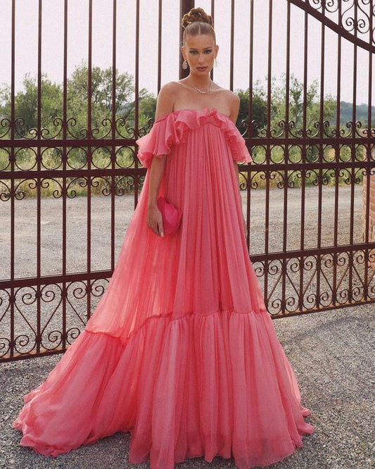 Dress For Formal Pink Fashion Long Ruffle Neck Chiffon Formal Prom Dress Evening Dress Wedding Guest Dress / Stores With Prom Dresses