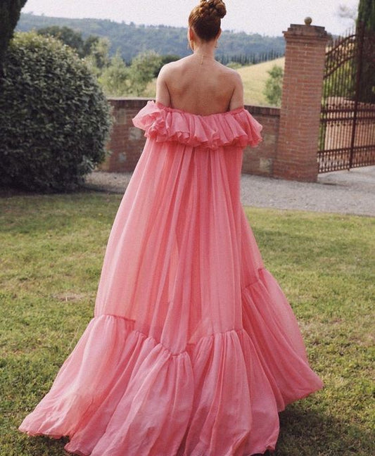 Dress For Formal Pink Fashion Long Ruffle Neck Chiffon Formal Prom Dress Evening Dress Wedding Guest Dress / Stores With Prom Dresses