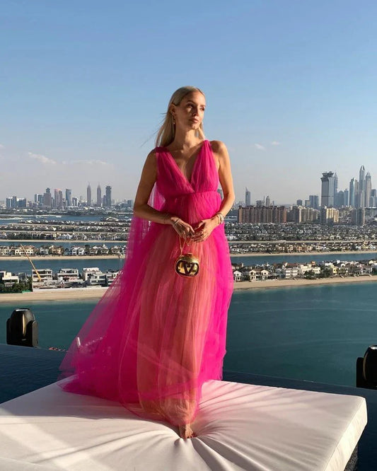 Dress For Formal Pink V-neck Long Shoulder Strap Tulle Long Ball Gown Prom Dress Evening Dress / Stores With Prom Dresses