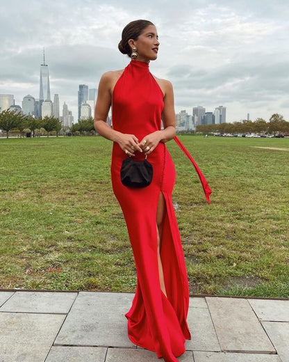 Dress For Formal Red Simple Elegant Ribbon Backless Long Slit Sexy Satin Ball Gown Evening Dress Wedding Guest Dress / Stores With Prom Dresses