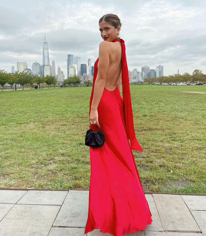 Dress For Formal Red Simple Elegant Ribbon Backless Long Slit Sexy Satin Ball Gown Evening Dress Wedding Guest Dress / Stores With Prom Dresses