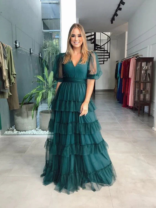 Dress For Formal Simple Green Tulle V Neck Short Sleeves A Line Tiered Floor Length Prom Dress / Stores With Prom Dresses