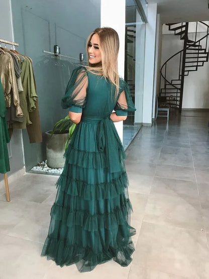 Dress For Formal Simple Green Tulle V Neck Short Sleeves A Line Tiered Floor Length Prom Dress / Stores With Prom Dresses