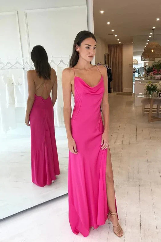 Dress For Formal Simple Hot Criss Cross Long Evening Dresses Silk Satin Prom Dresses With Slit / Stores With Prom Dresses
