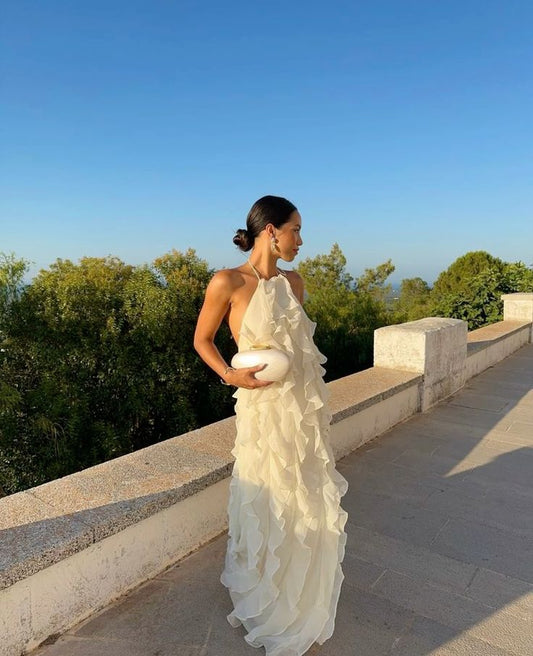 Dress For Formal White Elegant Strap Ruffled Long Chiffon Prom Evening Dress Wedding Guest Dress / Stores With Prom Dresses