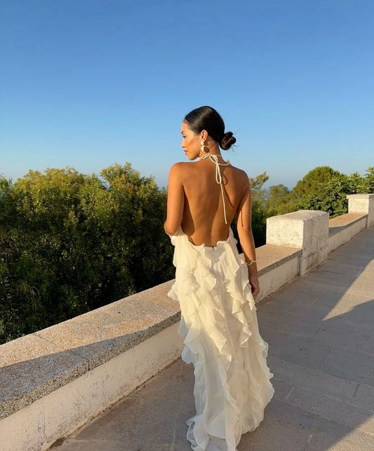 Dress For Formal White Elegant Strap Ruffled Long Chiffon Prom Evening Dress Wedding Guest Dress / Stores With Prom Dresses