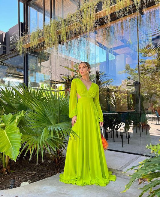 Dress For Formal Yellow Green A-line Elegant Flowing Long Chiffon Ball Gown Evening Dress Party Dress / Stores With Prom Dresses