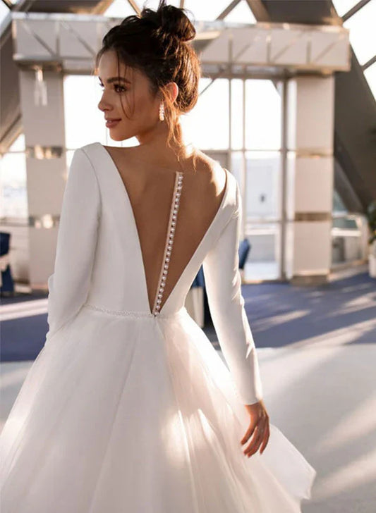 Dress For Wedding A-Line/Princess V-Neck Tea-Length Long Sleeves Wedding Dress Formal Women's Dresses