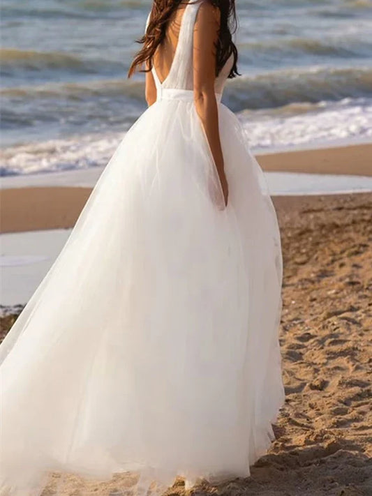 Dress For Wedding A-Line/Princess Deep V-Neck Sleeveless Floor-Length Tulle Wedding Dress Formal Women's Dresses