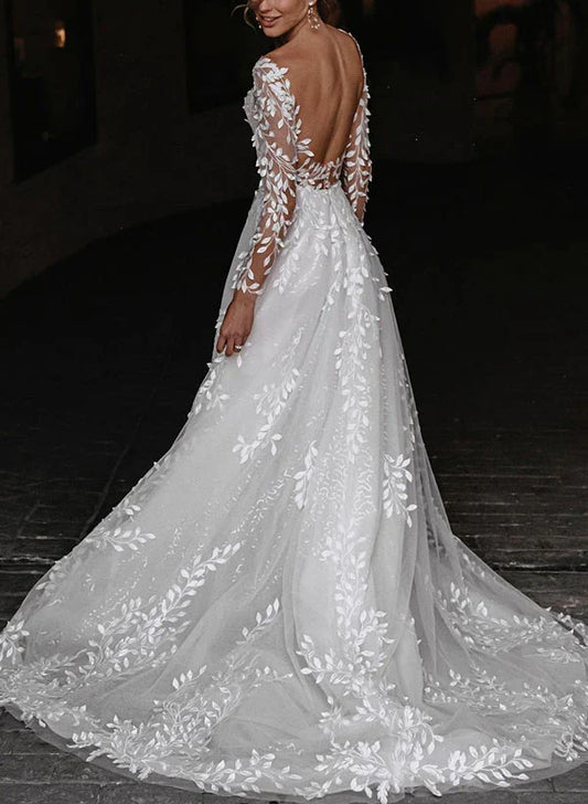 Dress For Wedding A-Line/Princess V-Neck Floor-length Wedding Dress Long Sleeves Backless Wedding Dress Formal Women's Dresses