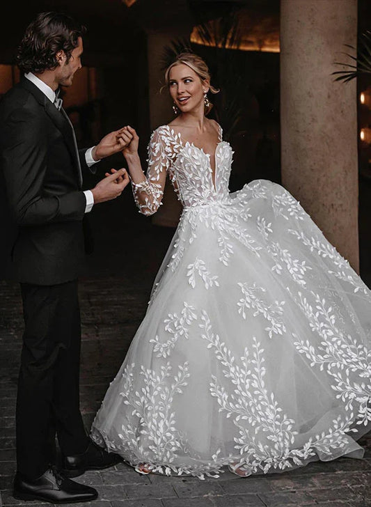 Dress For Wedding A-Line/Princess V-Neck Floor-length Wedding Dress Long Sleeves Backless Wedding Dress Formal Women's Dresses