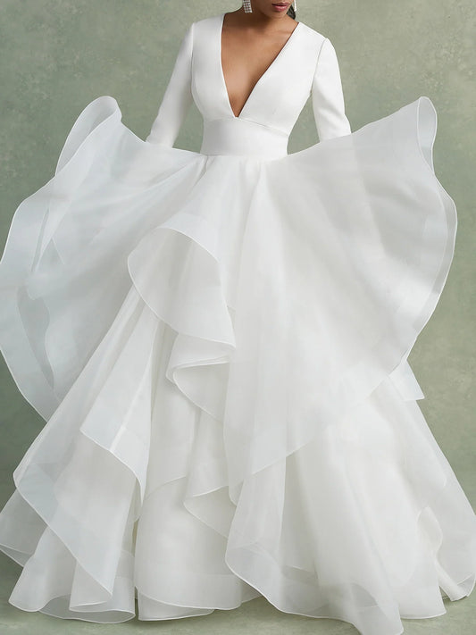 Dress For Wedding A-Line/Princess V-Neck Long Sleeves Floor-Length Ball-Gown Wedding Dress With Ruffles Formal Women's Dresses