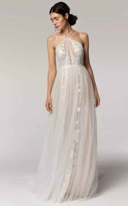 Dress For Wedding Halter Sleeveless Tulle Empire Waist Pleated Wedding Dress with Applique Dress For Formal