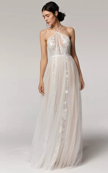 Dress For Wedding Halter Sleeveless Tulle Empire Waist Pleated Wedding Dress with Applique Dress For Formal