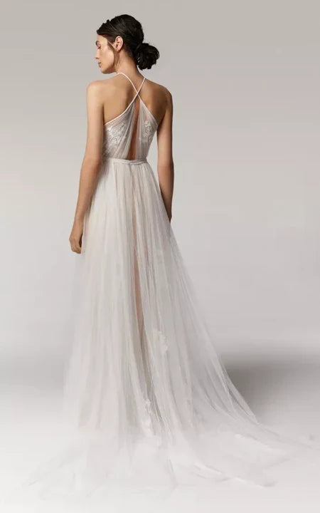 Dress For Wedding Halter Sleeveless Tulle Empire Waist Pleated Wedding Dress with Applique Dress For Formal