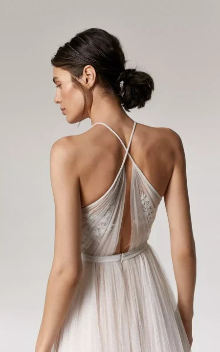 Dress For Wedding Halter Sleeveless Tulle Empire Waist Pleated Wedding Dress with Applique Dress For Formal