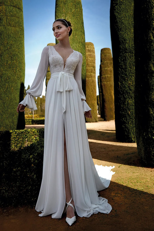 Dress For Wedding Ivory Long-sleeved Flared A-line Lace V Neck With Sheer Back Wedding Dress Formal Women's Dresses