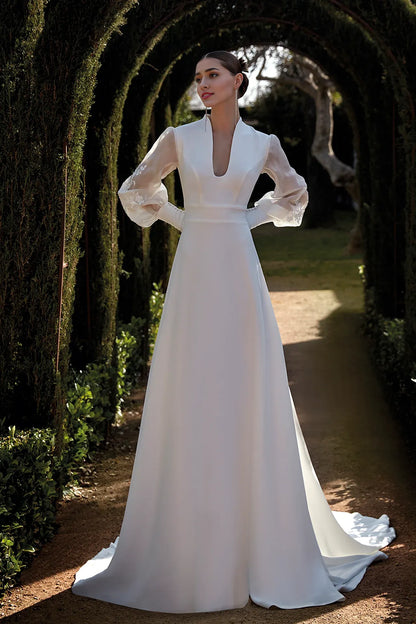 Dress For Wedding Long-sleeved V Neck A-line Open Back With Train Wedding Dress Formal Women's Dresses