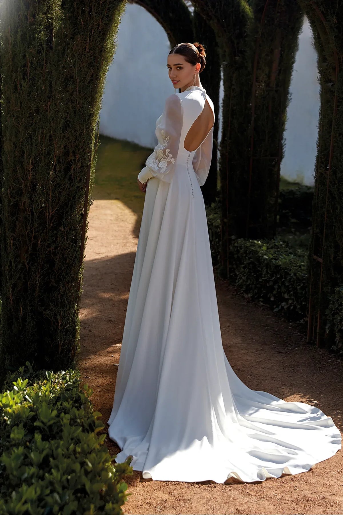Dress For Wedding Long-sleeved V Neck A-line Open Back With Train Wedding Dress Formal Women's Dresses