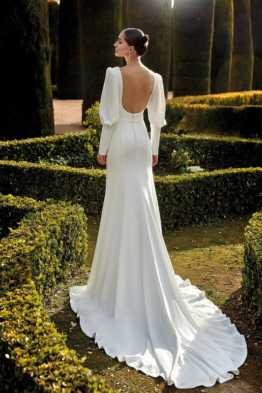 Dress For Wedding Long Slightly Puffed Sleeved V Neck Mermaid Open Back With Front Slit And Train Wedding Dress Formal Women's Dresses