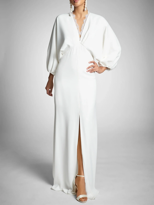 Dress For Wedding Sheath/Column Long Sleeves Plunging V Neck Floor-Length Wedding Dresses Formal Women's Dresses