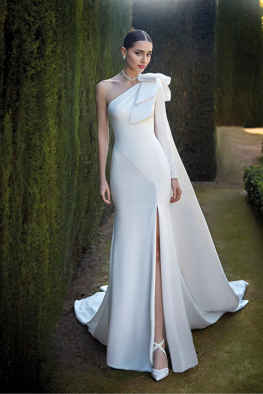 Dress For Wedding Sheer Back One-shoulder Asymmetric Neck Mermaid With Big Bow Side Cape Wedding Dress Formal Women's Dresses