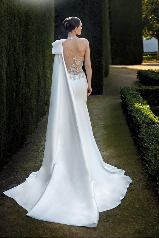 Dress For Wedding Sheer Back One-shoulder Asymmetric Neck Mermaid With Big Bow Side Cape Wedding Dress Formal Women's Dresses