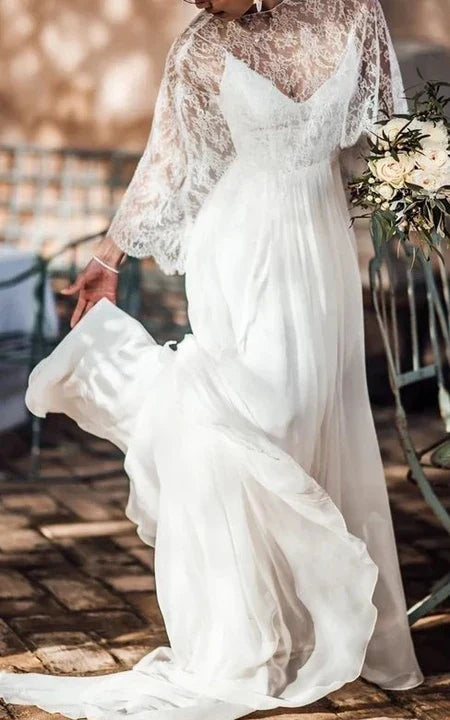 Dress For Wedding Simple Destination Front Split Chiffon Wedding Dress With Lace Cape Dress For Formal