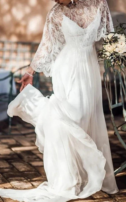 Dress For Wedding Simple Destination Front Split Chiffon Wedding Dress With Lace Cape Dress For Formal