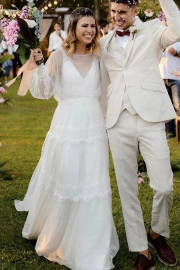 Dress For Wedding Tulle Floor-length Chapel Train A Line Long Sleeve Modest Ethereal Wedding Dress Dress For Formal