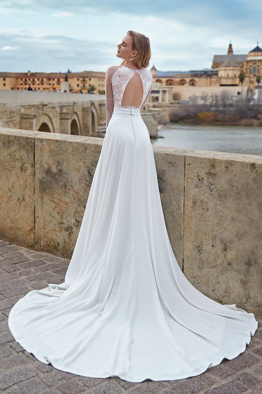 Dress For Wedding Tulle Long-sleeved Flared Lace Trims Waist With Teardrop-shaped Backless Wedding Dress Formal Women's Dresses