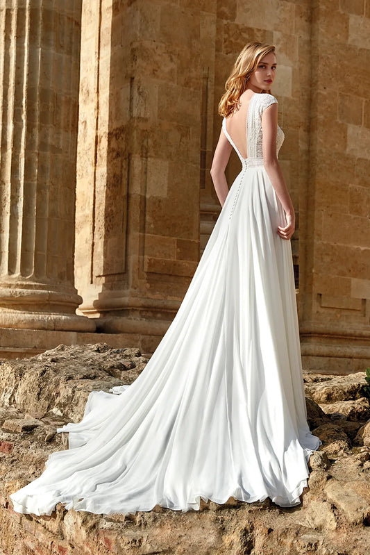 Dress For Wedding White Lace Sleeveless Open Back Bateau Neck Straight-cut With Pleated Back Train Wedding Dress Formal Women's Dresses