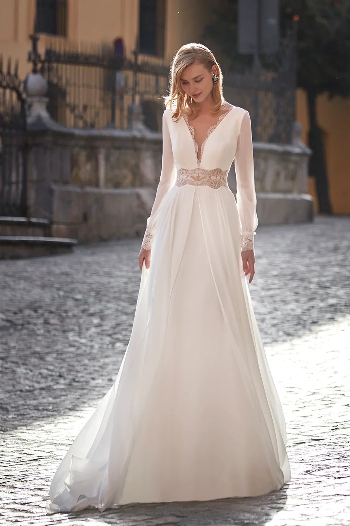 Dress For Wedding Wide V Neckline Cinched Waist Adorned Chiffon Long-sleeved A-line V-shaped Open Back Wedding Dresses Formal Women's Dresses
