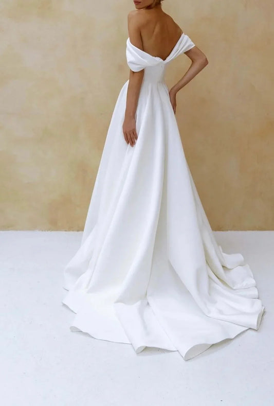 Dropped Sleeves Satin Wedding Dress Corset And Puffy Skirt With A Train Wedding Dress Simple Satin Dress Dress With Off Shoulder