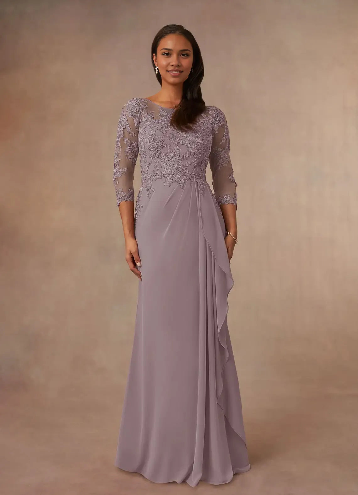 Dress Champagne A-Line Scoop Chiffon Mother Of The Bride Evening Dress Elegant Ruffle Three-Quarter Sleeve V Back Plus Size Mother Of The Bride Dress