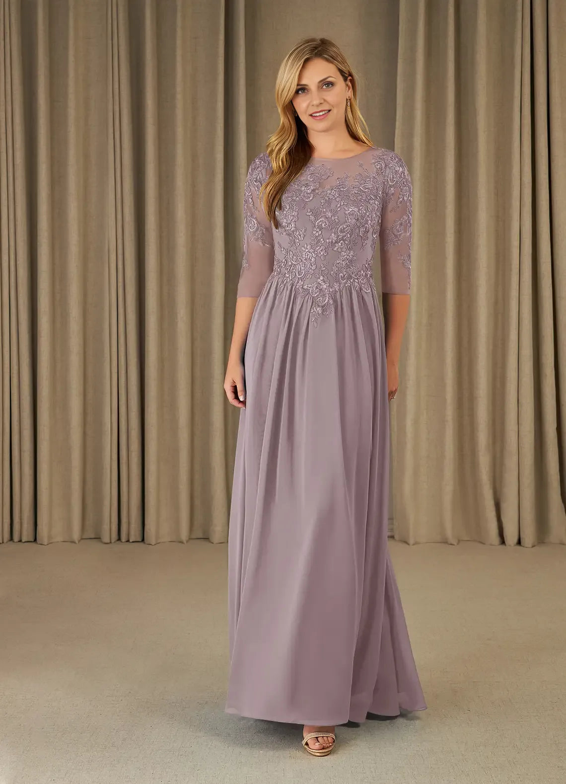 Dress Plum Scoop Lace Chiffon A-Line Mother Of The Bride Evening Dress Fashion Three-Quarter Sleeve Back Zip Plus Size Mother Of The Groom Dresses