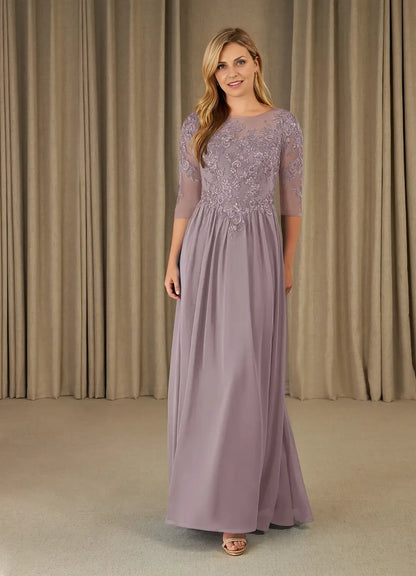 Dress Plum Scoop Lace Chiffon A-Line Mother Of The Bride Evening Dress Fashion Three-Quarter Sleeve Back Zip Plus Size Mother Of The Groom Dresses