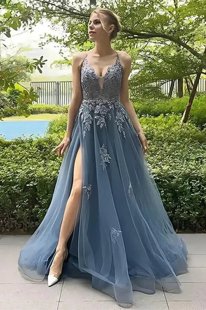 Dusty Blue Spaghetti Strap Lace Criss Cross Back High Slit A-Line Tulle Prom Dress